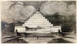 Proposal for the Lincoln Memorial by John Russell Pope, 1912: Pope’s proposals for the Mall site tended toward the bizarre. This design for the western end of the Mall was a ziggurat surmounted by a standing statue of Lincoln. The Lincoln Memorial Commission awarded the project to his rival, Henry Bacon.