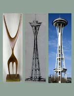 Victor Steinbrueck perceived a tension in the David Lemon sculpture that could benefit the Needle’s form. Included here is Lemon’s sculpture, Steinbrueck’s preferred Needle form, and today’s Space Needle.