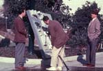 EHDD founder Joseph Esherick (center) outside Wurster Hall, University of California, Berkeley in the mid-1960s, using a model to study sun angles and shadows.