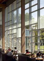 Swarthmore College Unified Science Center: Commons interior with fritted glass panels