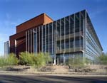 ASU Biodesign Institute Building A: Southern view shows aluminum sunscreen that filters natural daylight deep into the building