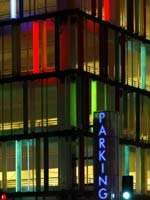 Santa Monica Civic Parking Structure: detail of multicolored channel-glass bays at Fourth Street and Civic Center Drive