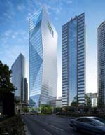 Tour Carpe Diem from the Boulevard Circulaire, looking south; the faceted façades denote its Janus-like orientation to both Courbevoie and the dalle.